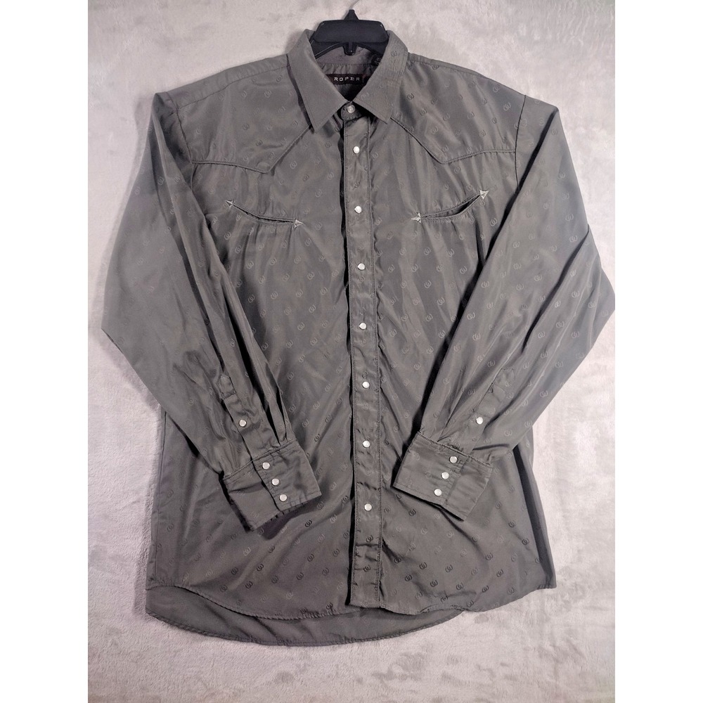 Roper Mens Long Sleeve Horse Shoe Pattern Pearl Snap Size XL Olive Color